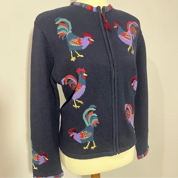 Vintage cotton knit cardigan sweater chickens roosters embroidered country chic - Picture 9 of 11
